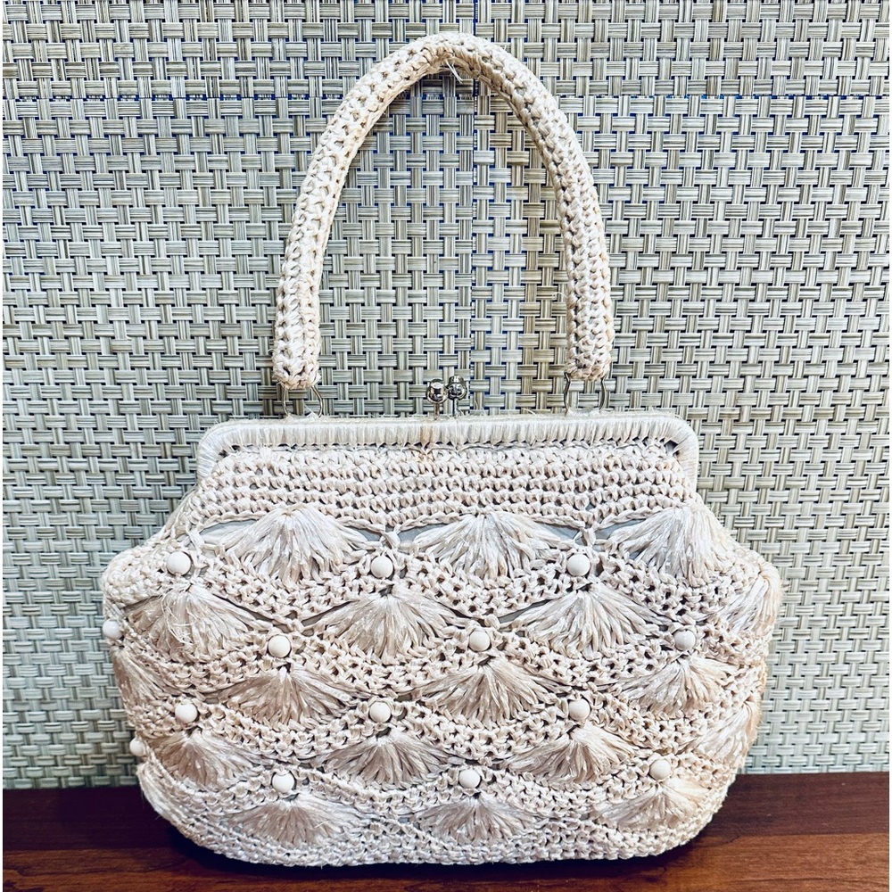 🌟2xHP🌟VTG 1960-70s Crocheted Cream Raffia Kiss Clasp Satchel Bag Jordan Marsh - Picture 1 of 12